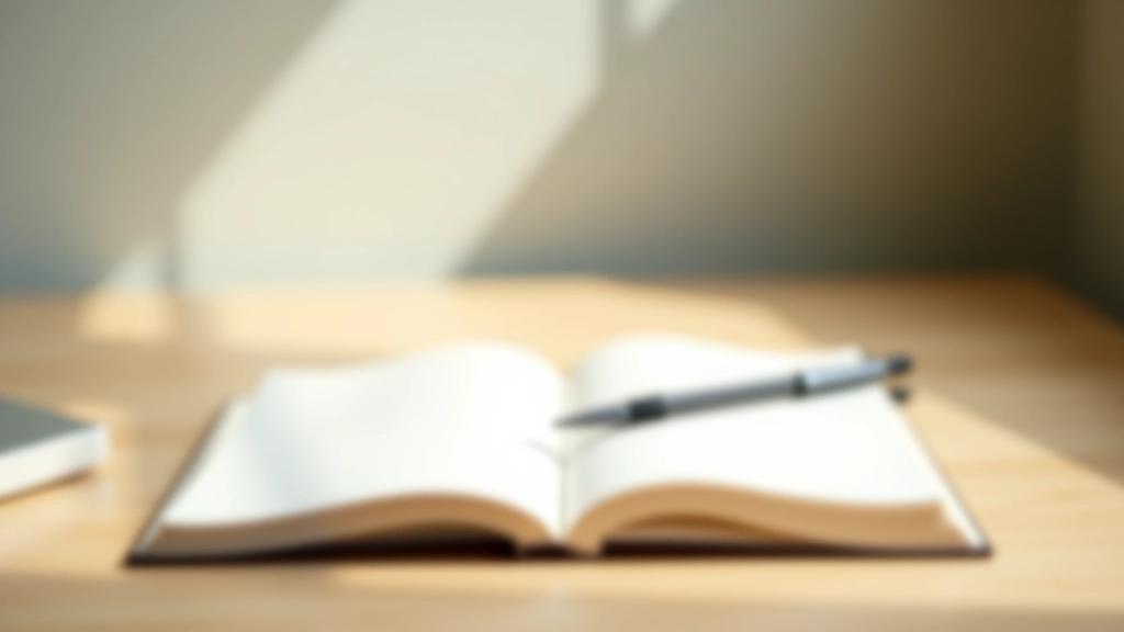 Notebook and pen on a clean desk with morning light, minimal workspace setup representing daily reflection and journaling practice