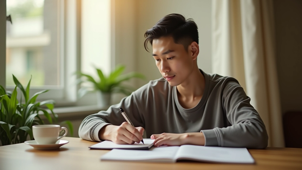 Person writing in journal at desk with cup of tea, focused and calm, natural light from window, minimalist workspace