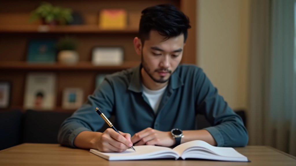Person writing in notebook with focused attention, mindful journaling session