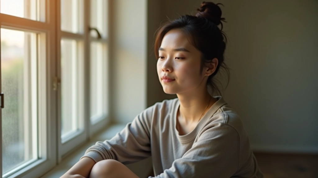 Person sitting peacefully by window with natural light, contemplative expression, indoor serene setting with minimalist decor