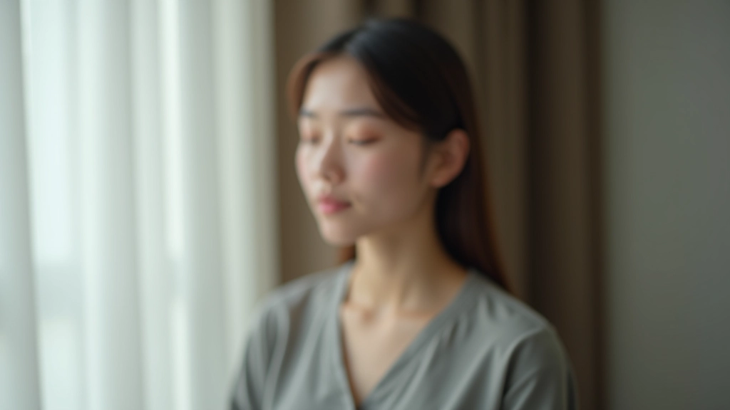 Person taking a deep breath, portrait from chest up, calm and centered posture, soft natural lighting in a quiet space
