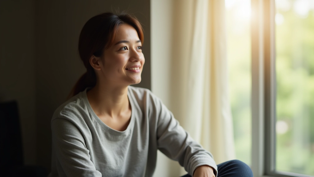 Person sitting peacefully at a window with morning light, reflective moment