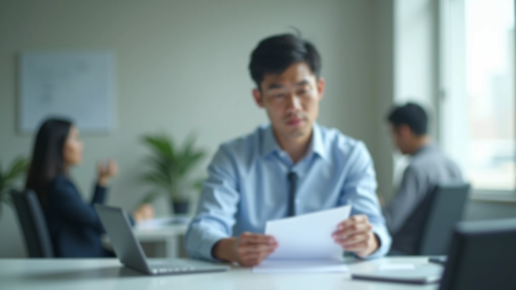 Person preparing for a meeting, looking at notes and documents, focused and thoughtful expression, professional workspace with natural light