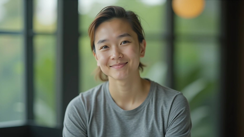 Person reflecting after a conversation, sitting peacefully, looking out a window with a contemplative expression, calm and accepting body language