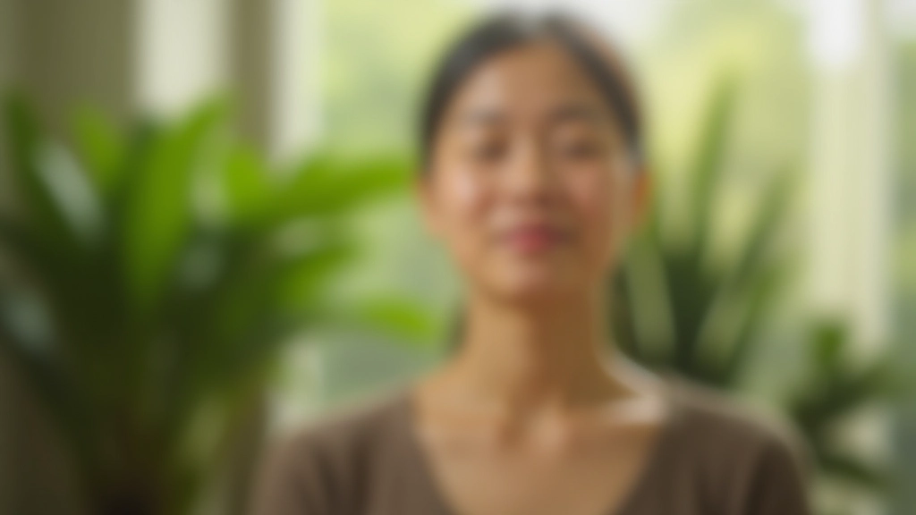 Person in meditation pose, serene expression, indoor peaceful environment with soft lighting