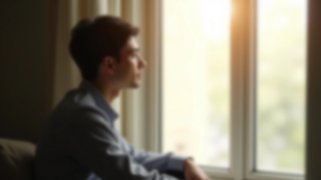 Person sitting peacefully by a window, looking thoughtful and calm, natural morning light
