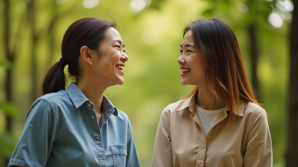Two people having conversation outdoors, both relaxed and engaged, natural setting with trees and soft daylight, genuine connection visible