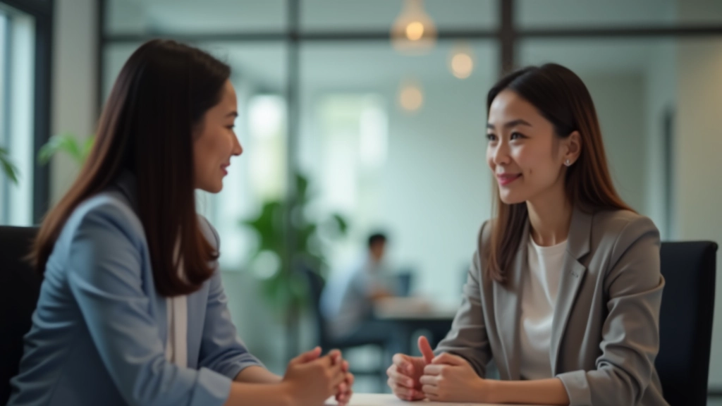 Two people having a conversation, both looking engaged and attentive, office setting